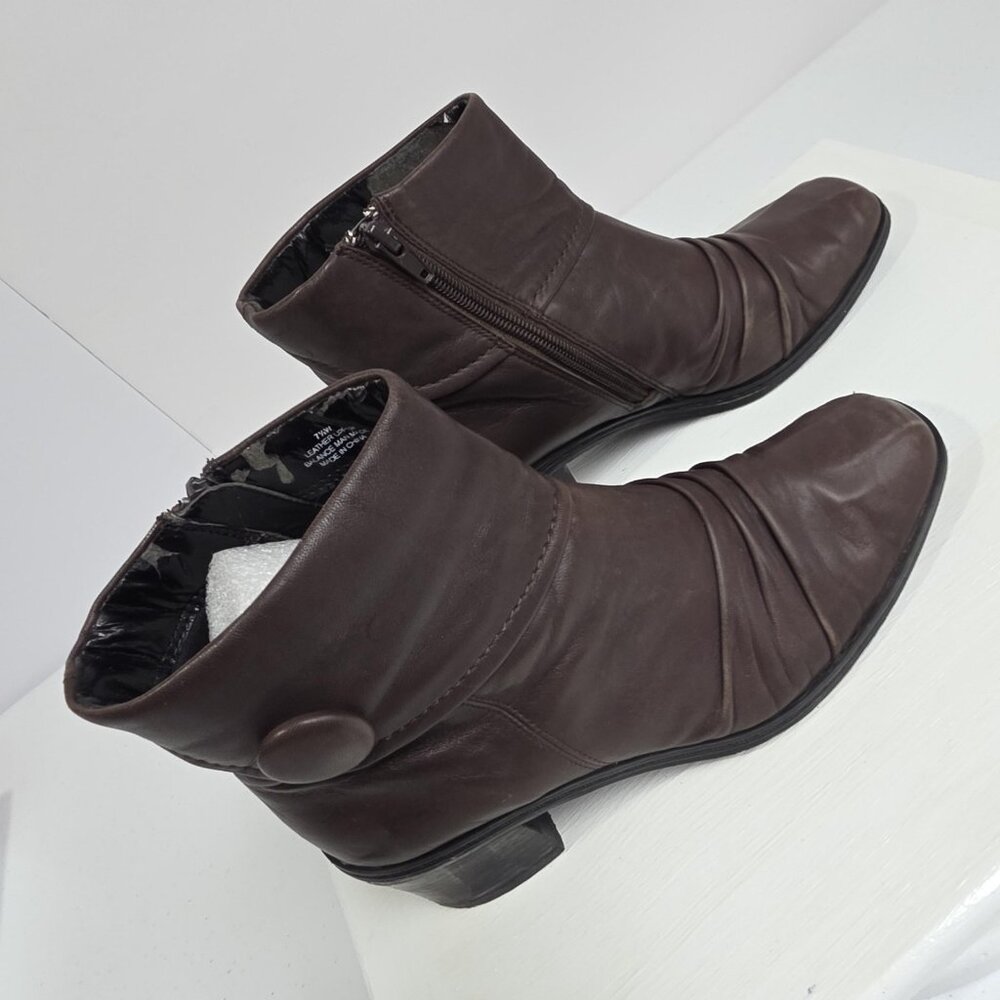 Brown Leather Ankle Boots Womens Size 7.5 W Zip Block Heel Booties Casual - Picture 6 of 9